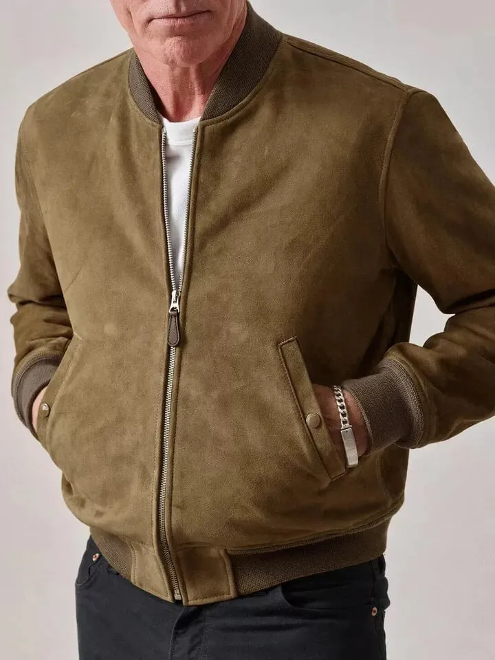 Men’s Genuine Tan Suede Leather Bomber Biker Jacket - Slim Fit