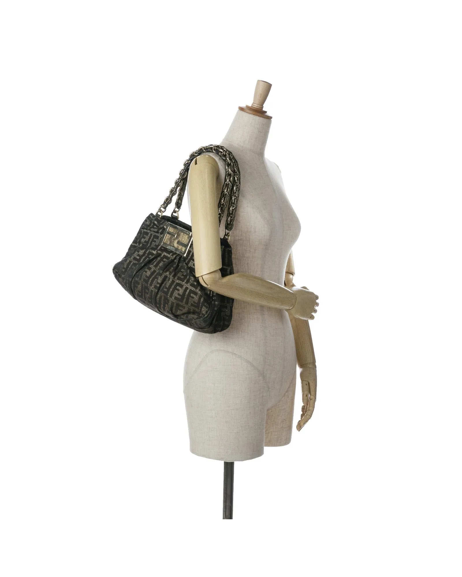 Metallic Canvas Shoulder Bag with Leather Chain Straps