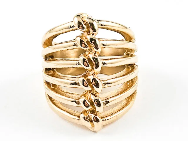 Nice Open Multi Row Center Knot Shiny Metallic Design Gold Tone Steel Ring