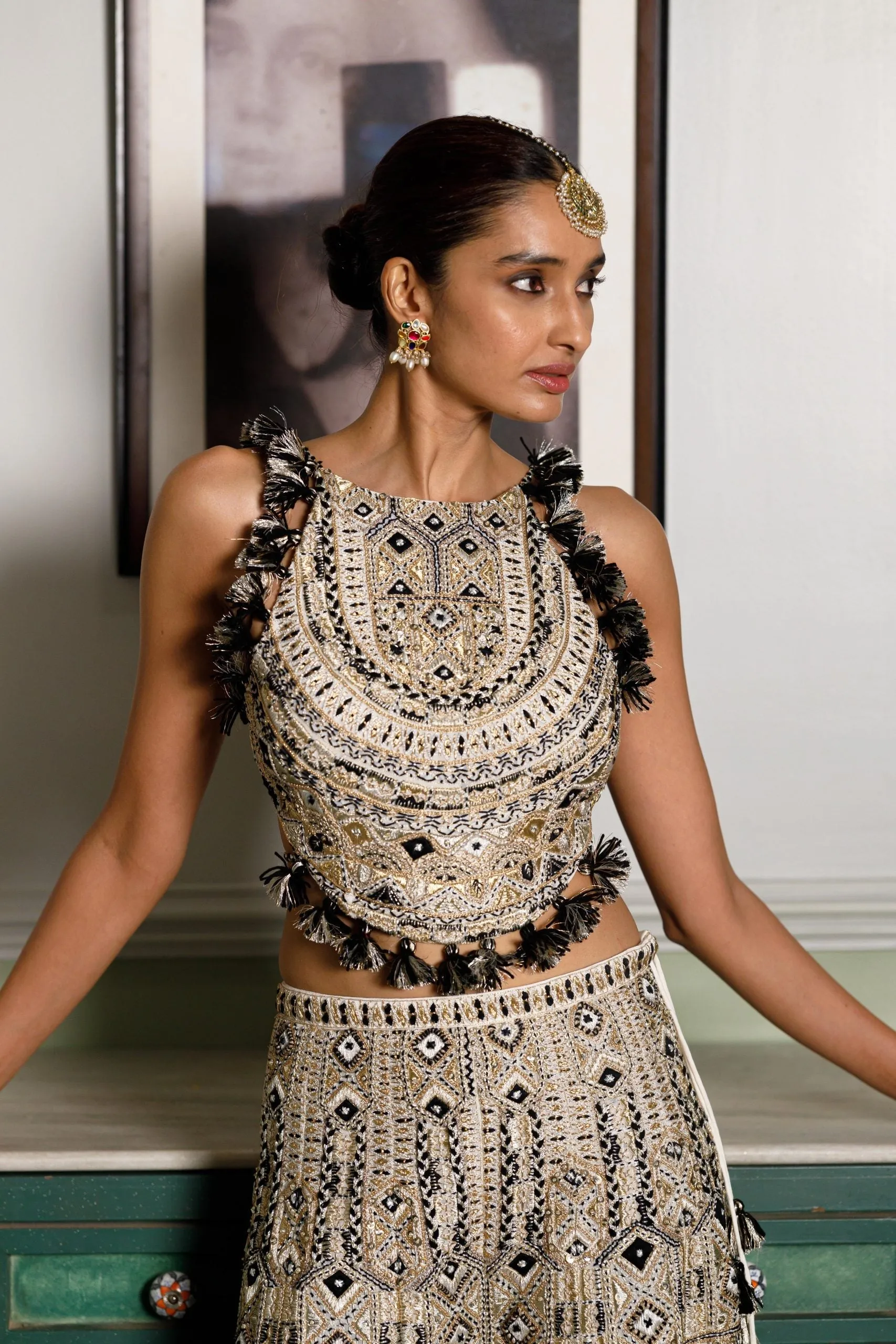 Off White Embroidered Back Tie-Up Choli And Sharara