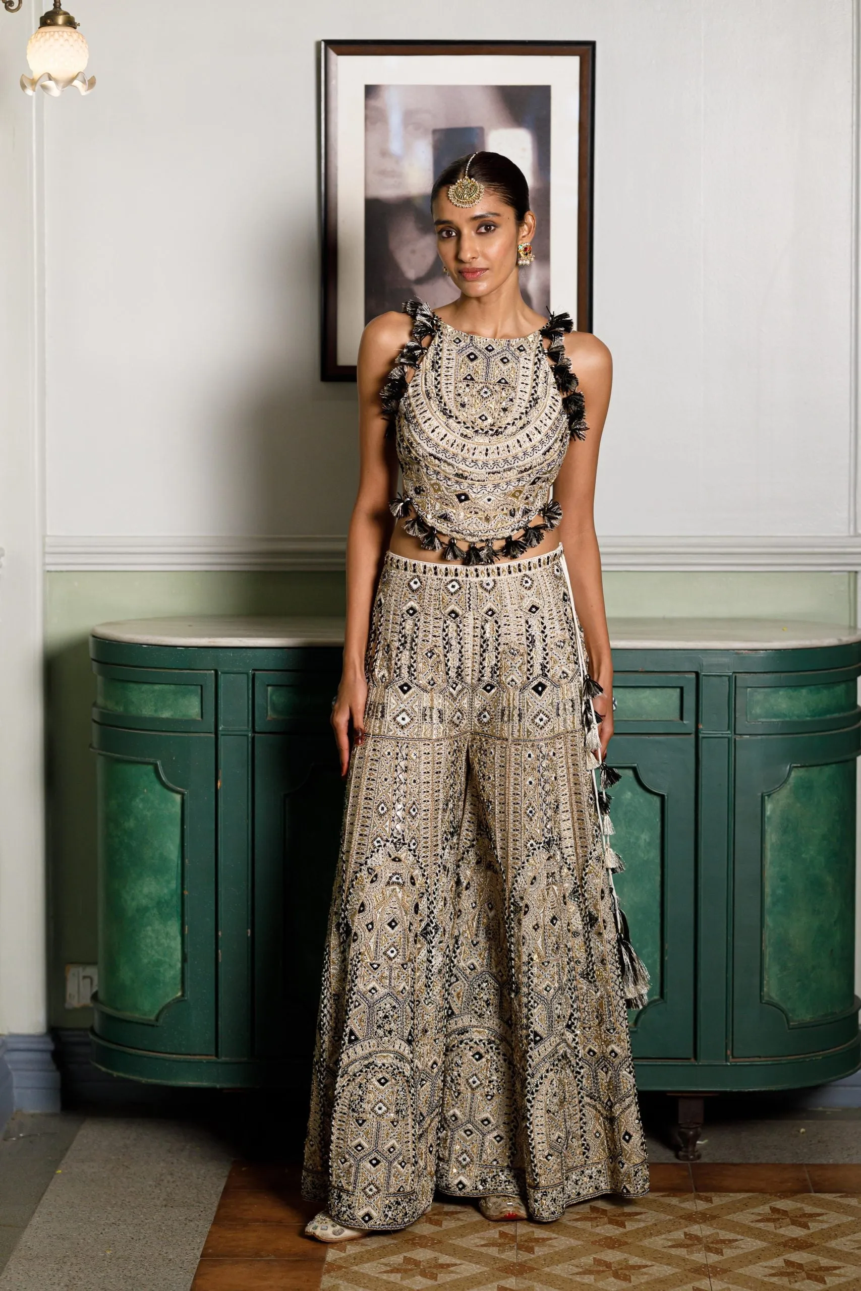 Off White Embroidered Back Tie-Up Choli And Sharara