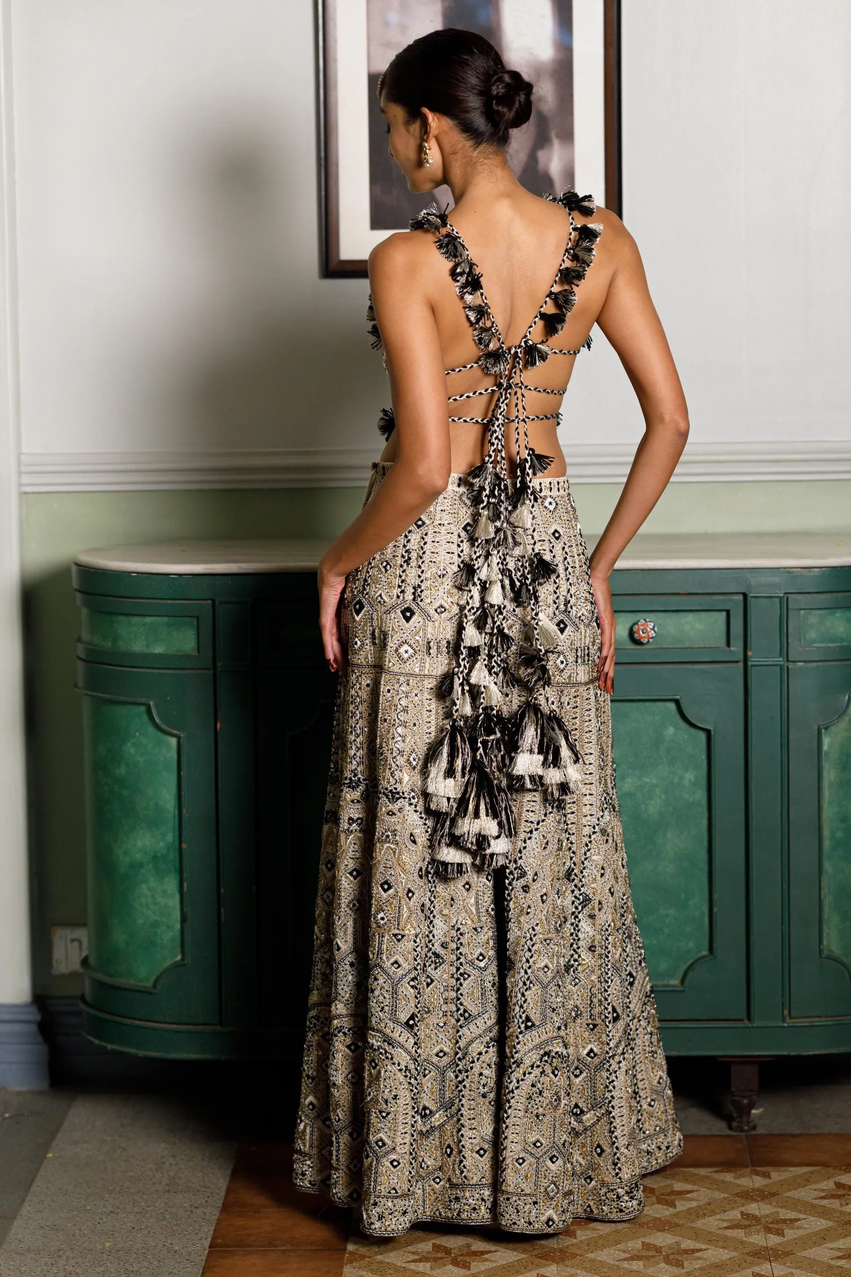 Off White Embroidered Back Tie-Up Choli And Sharara