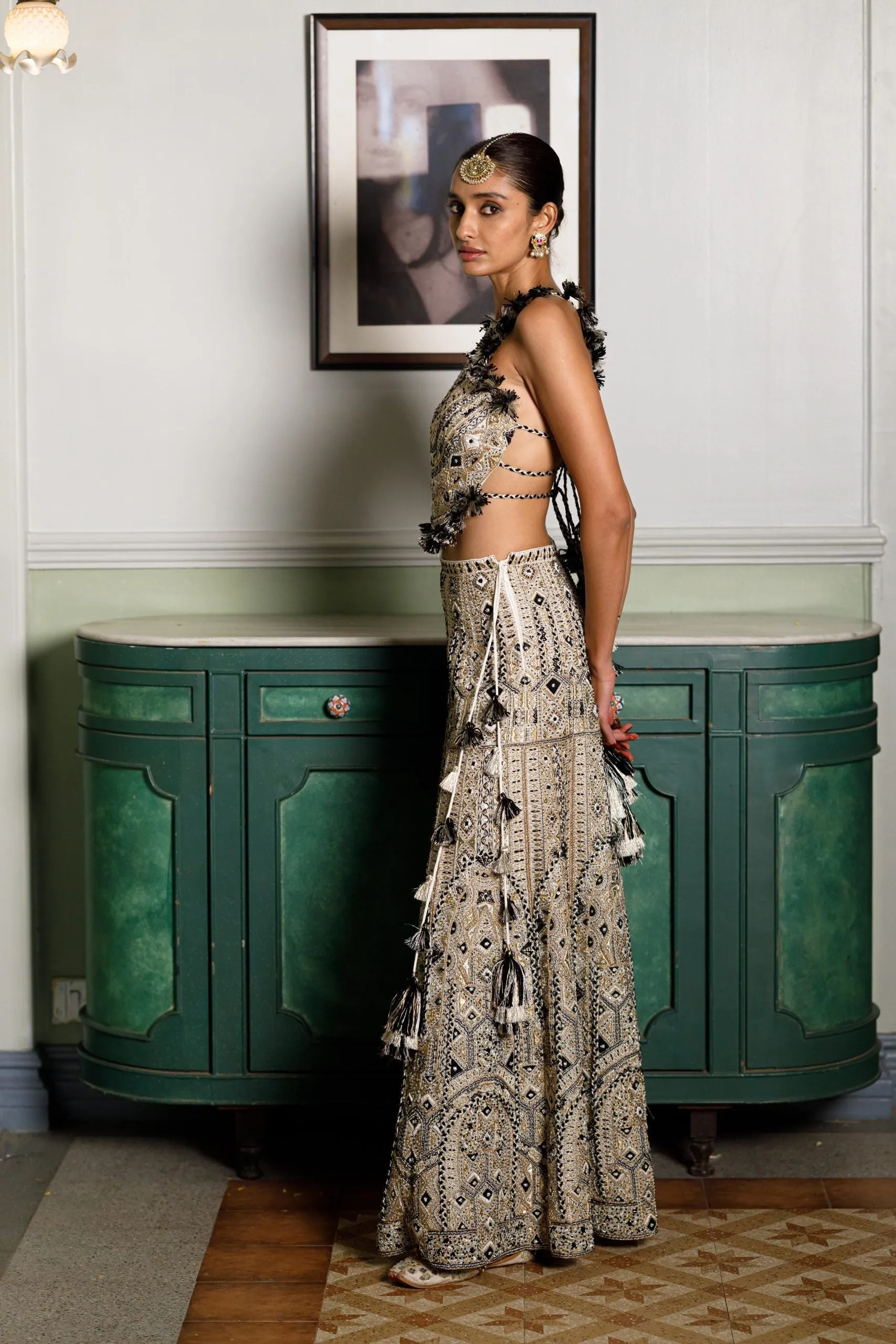 Off White Embroidered Back Tie-Up Choli And Sharara