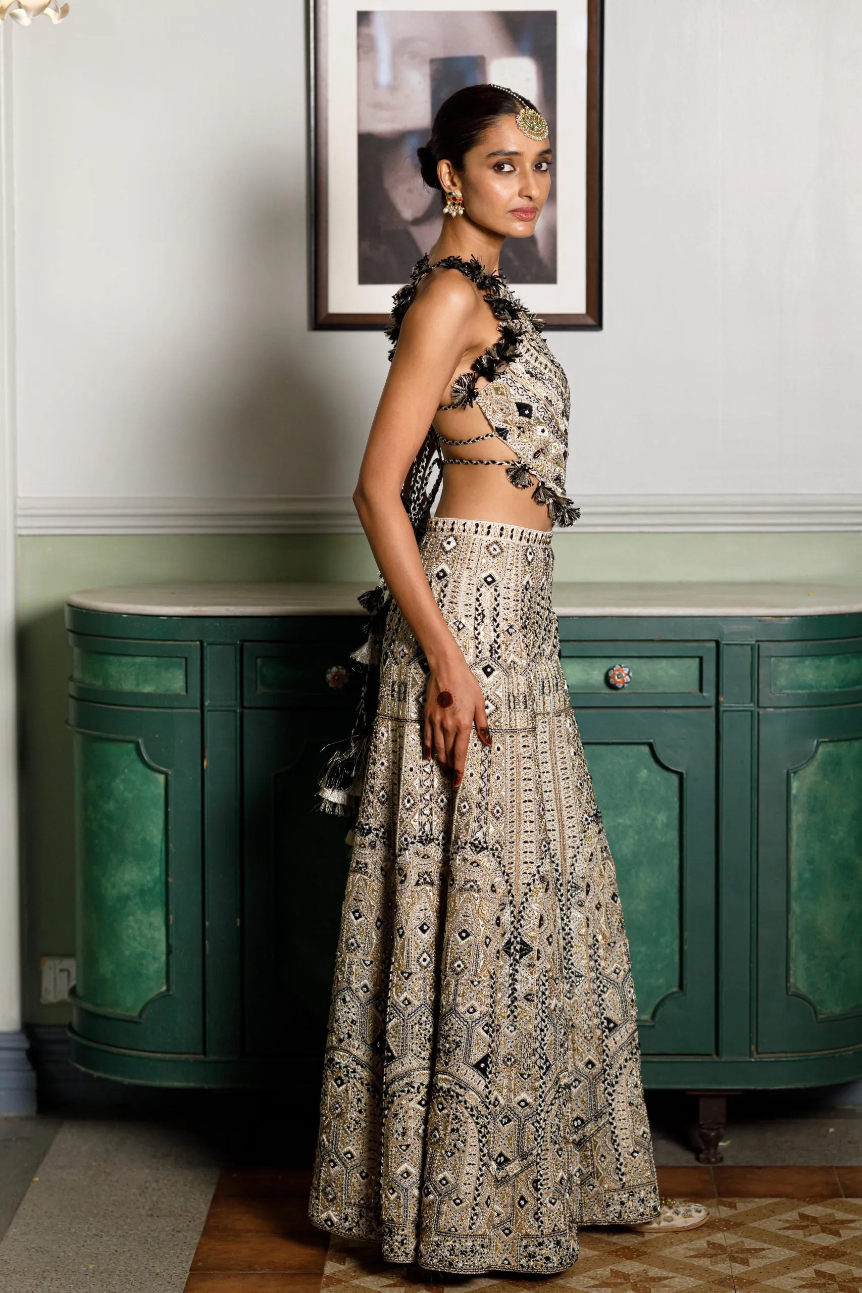 Off White Embroidered Back Tie-Up Choli And Sharara