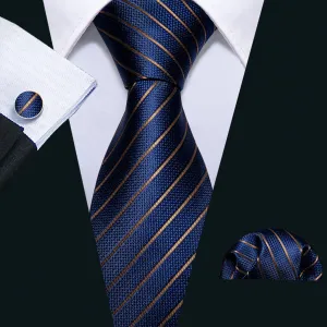 Regal Deep Blue & Gold Striped Silk Tie Set with Pocket Square and Cufflinks