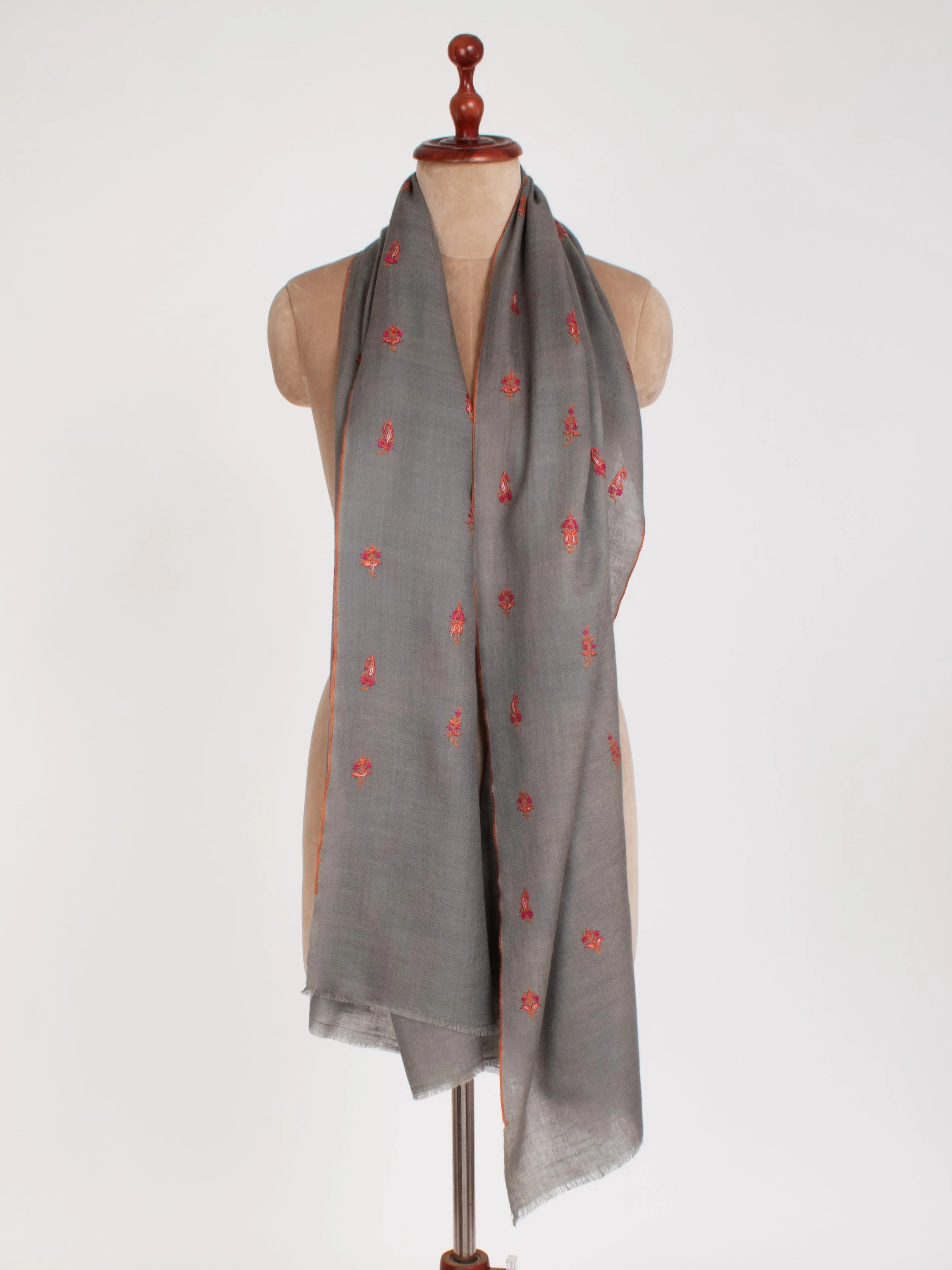 Steel Grey Paisley Embroidered Motif Cashmere Scarf