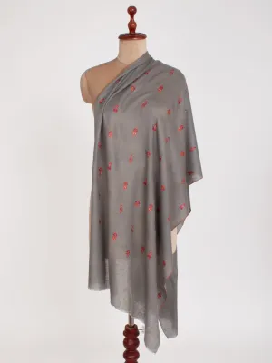 Steel Grey Paisley Embroidered Motif Cashmere Scarf