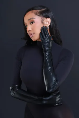 Touch Me Faux Leather Long Gloves - Black