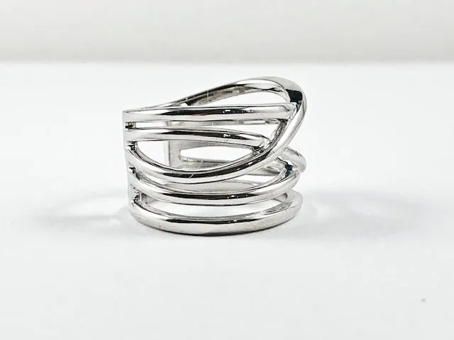 Unique Modern Multiple Criss Cross Design Pattern Metallic Silver Ring