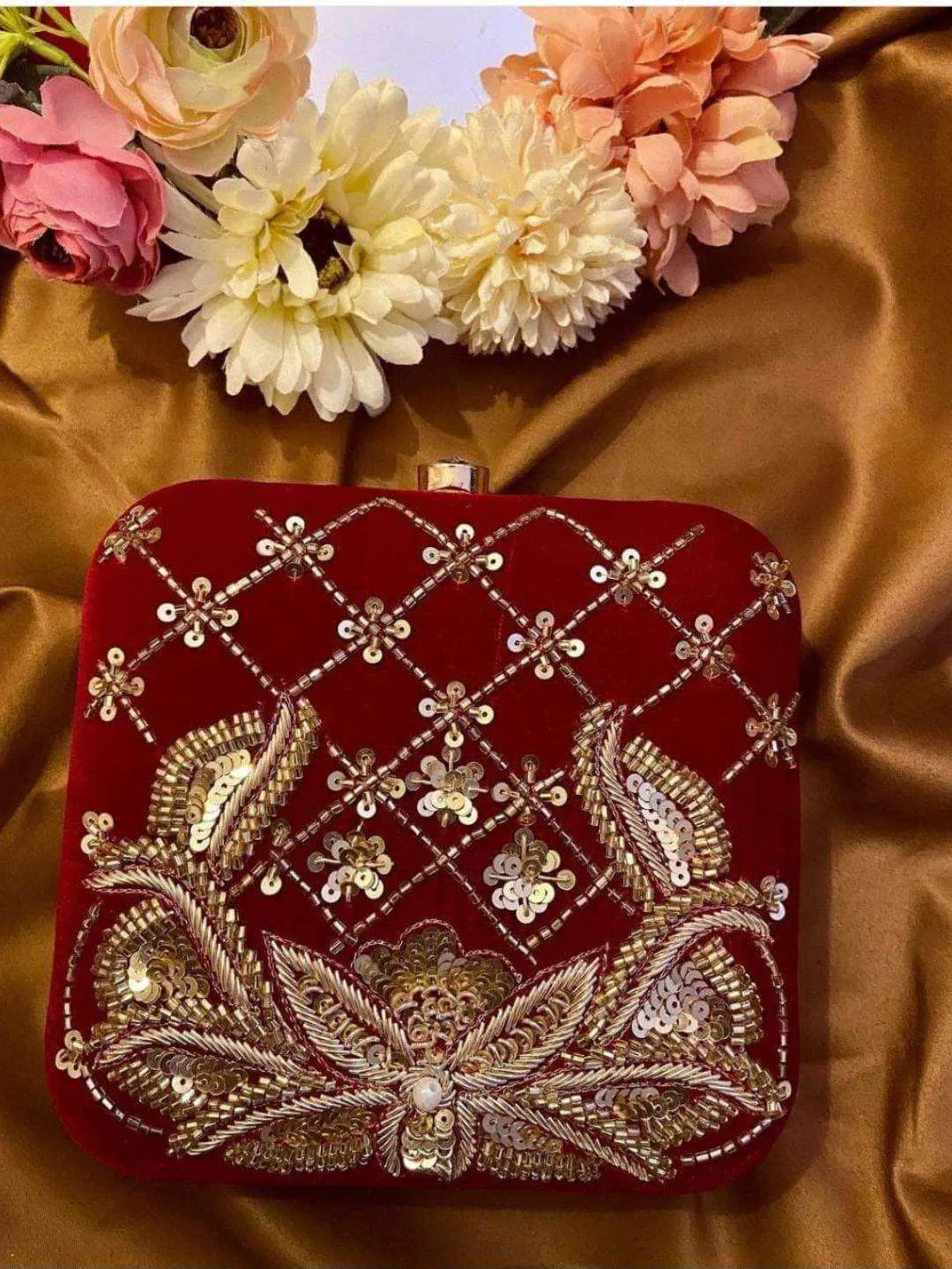 Velvet Embroidered Clutch Bag For Women